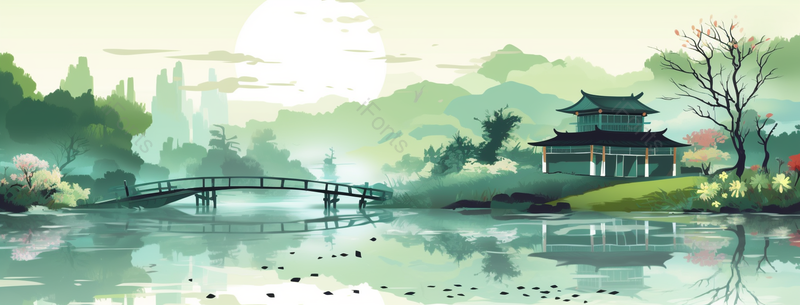 绿色小桥流水人家水彩插画背景,插画/手绘图,插画/手绘图库,插画/手绘图下载,插画/手绘